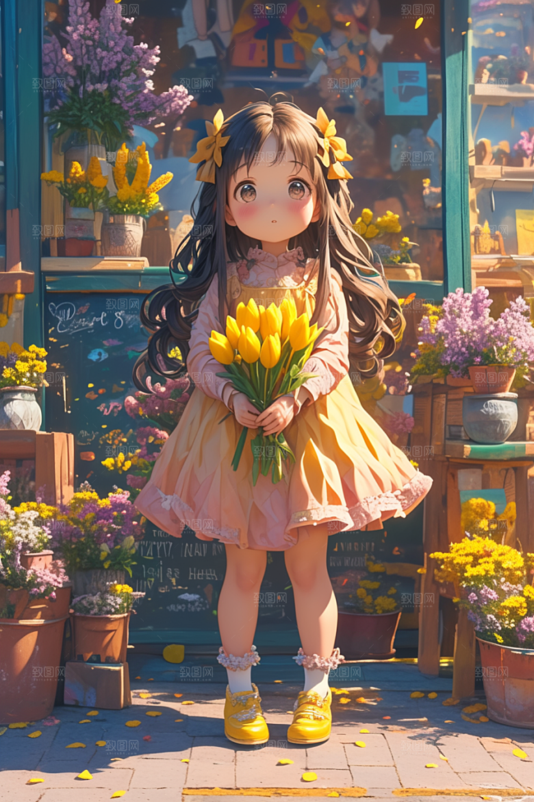 手捧鲜花的少女烂漫肖像素材