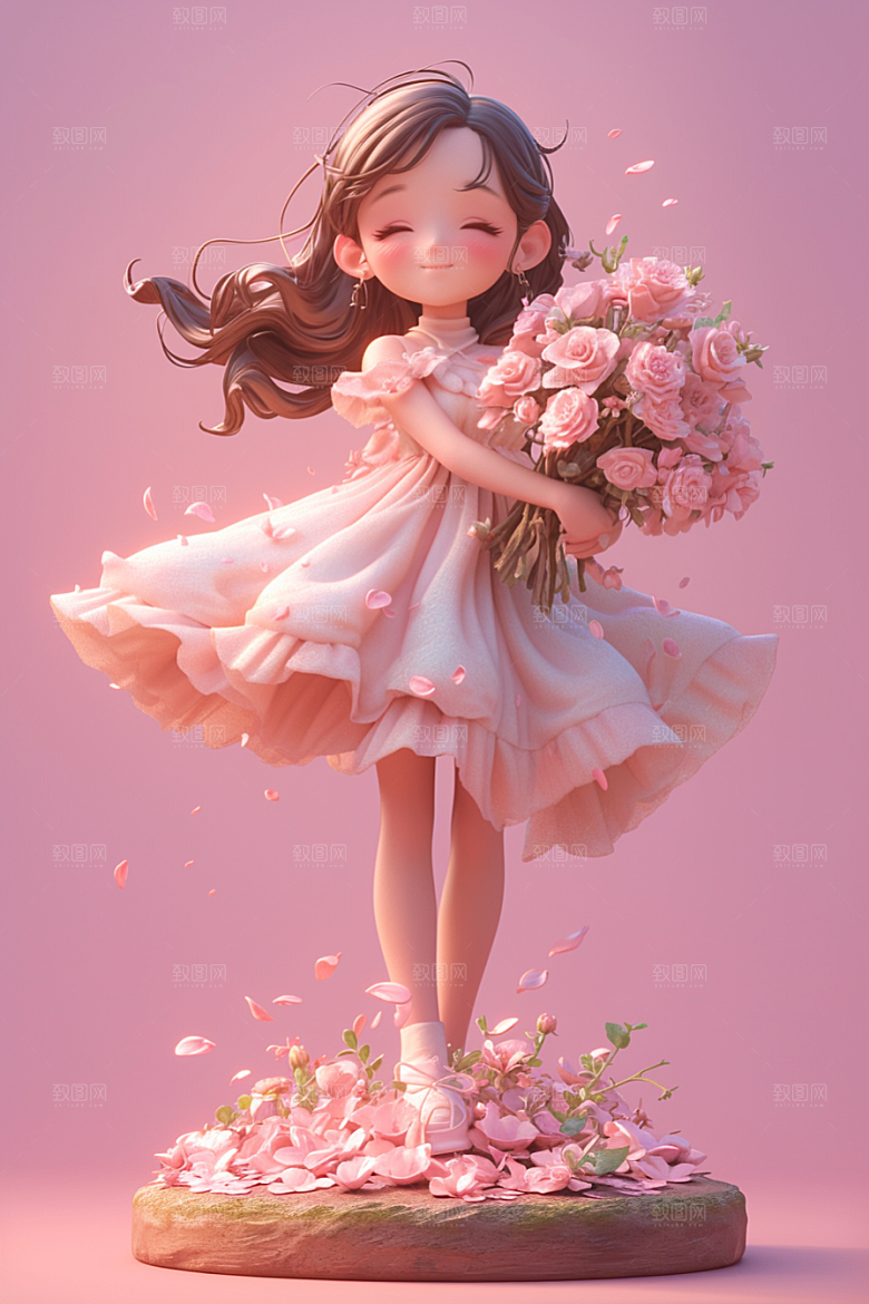 手捧鲜花的少女清新立体素材