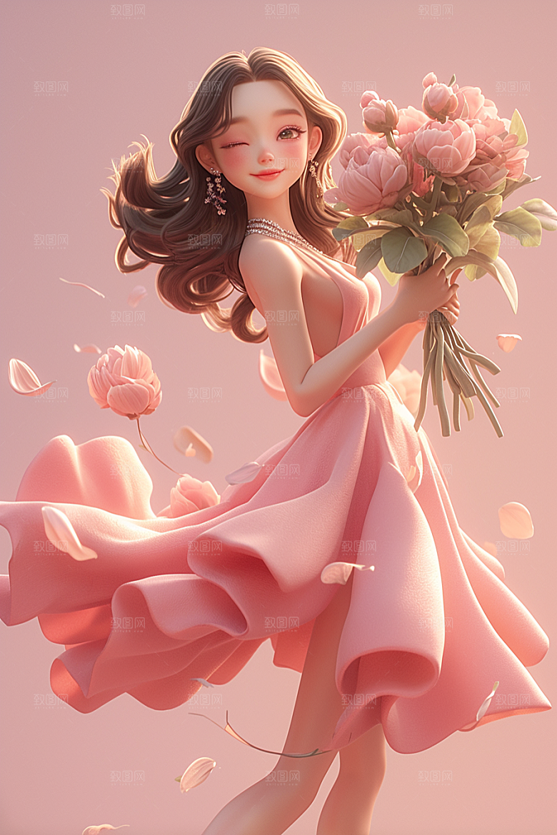 手捧鲜花的少女唯美梦幻素材
