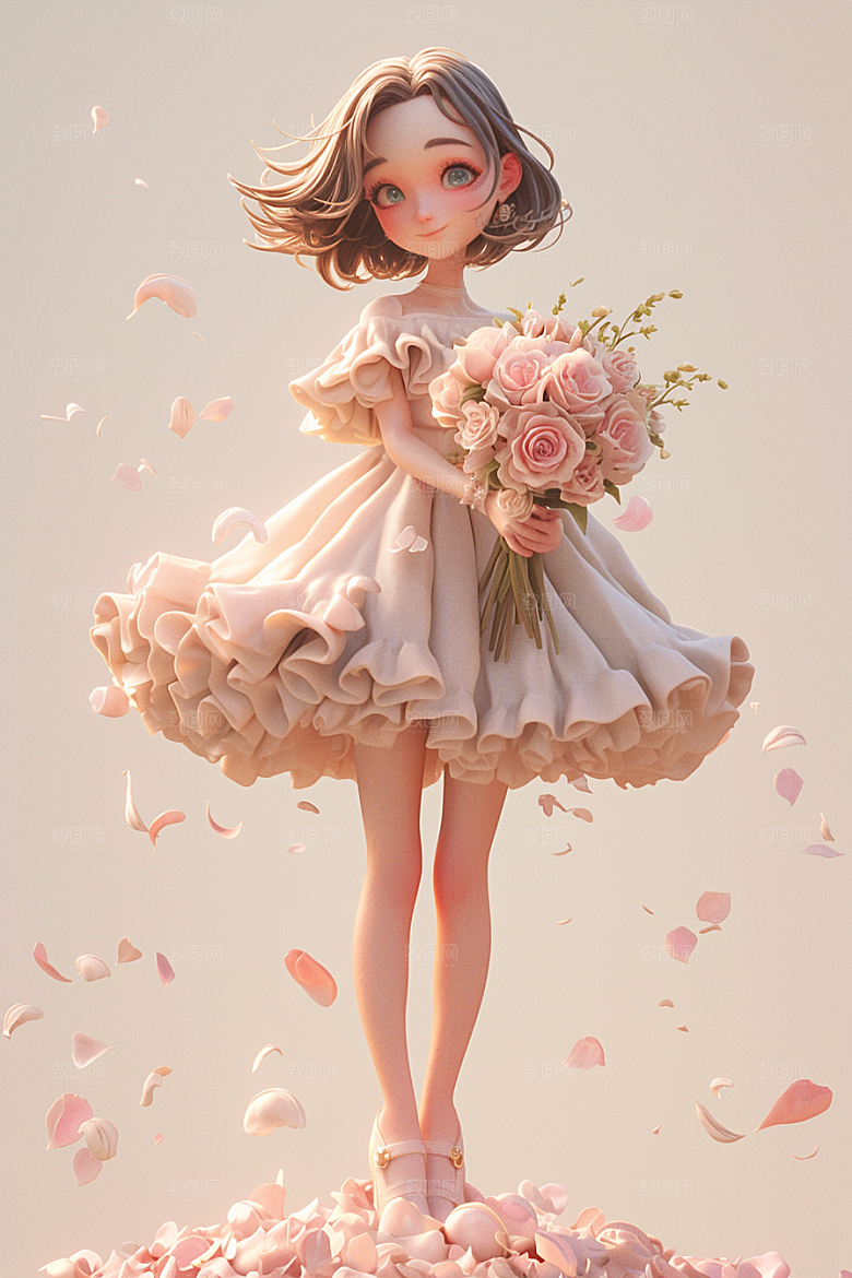 手捧鲜花的少女人物清新素材