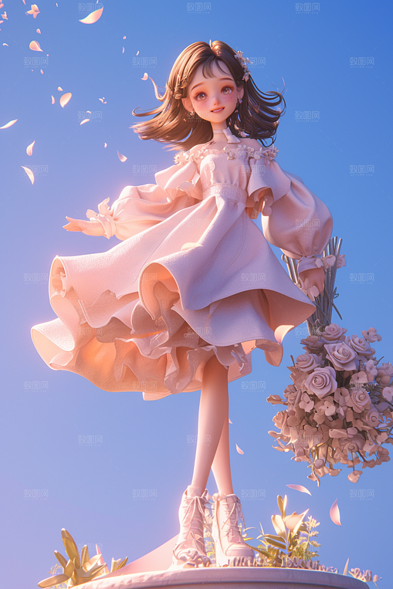 手捧鲜花的少女青春自然素材