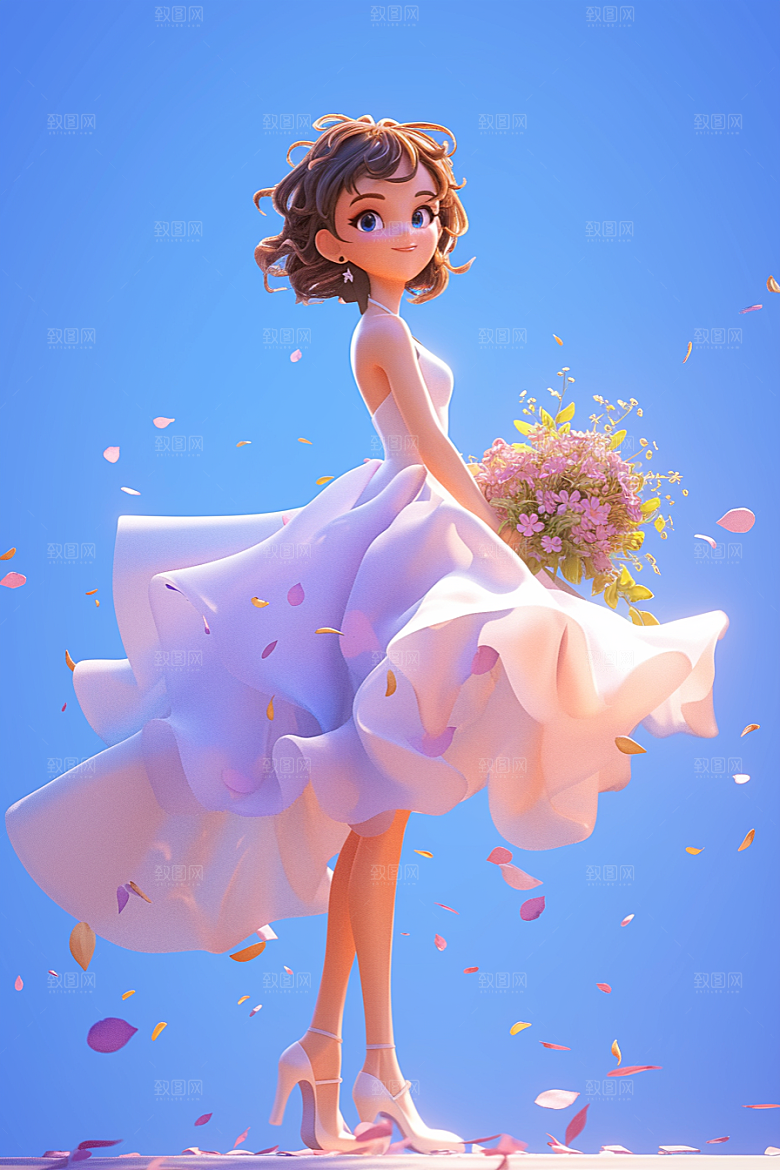 手捧鲜花的少女3D花朵素材