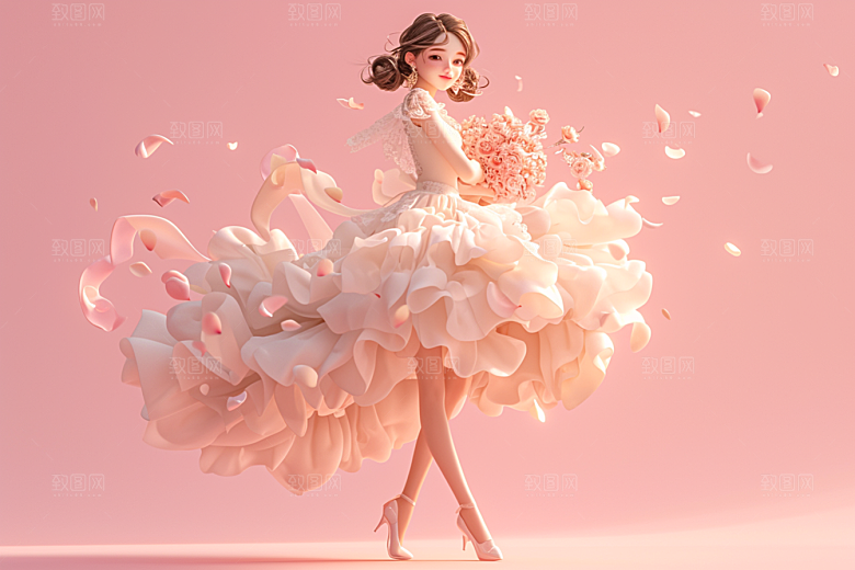 手捧鲜花的少女清新模型素材