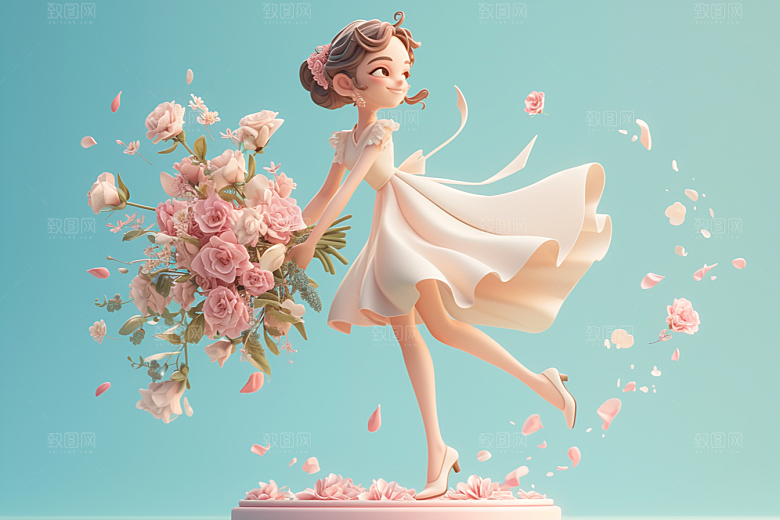 手捧鲜花的少女烂漫梦幻素材