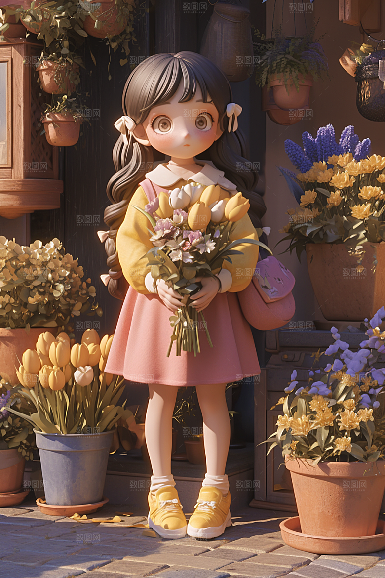 手捧鲜花的少女自然肖像素材