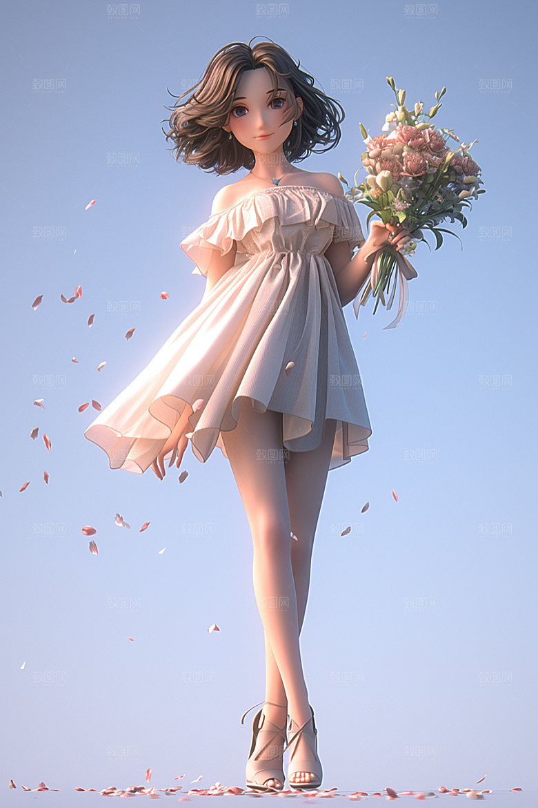 手捧鲜花的少女清新春天素材