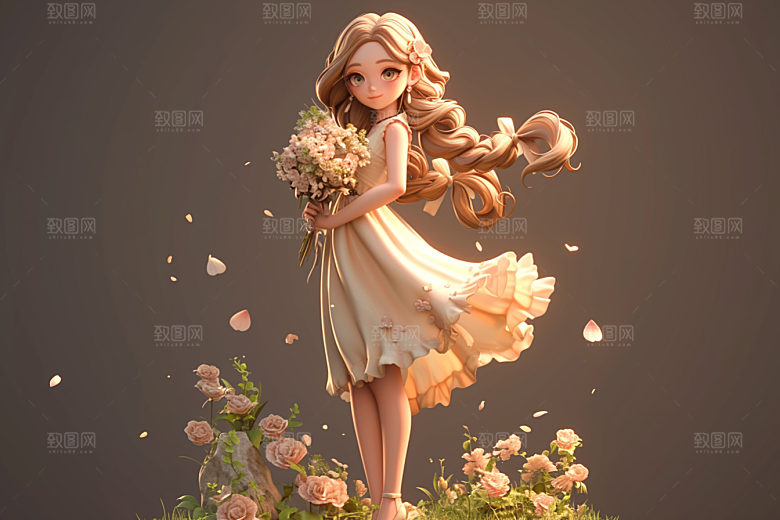 手捧鲜花的少女梦幻唯美素材