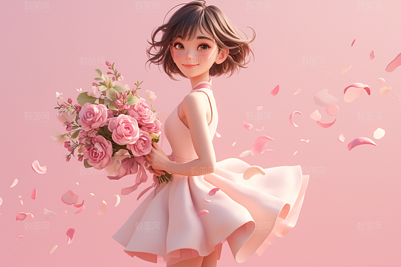 手捧鲜花的少女肖像3D素材