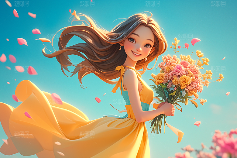 手捧鲜花的少女春天立体素材