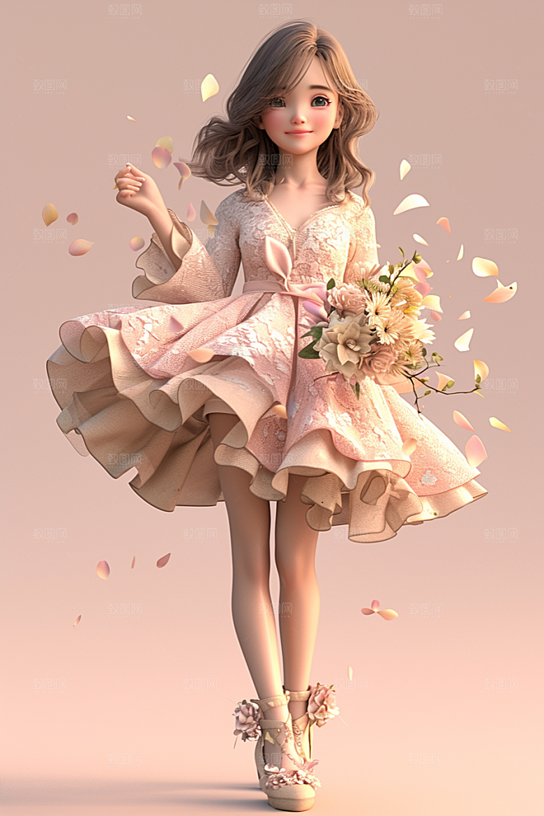 手捧鲜花的少女人物花朵素材