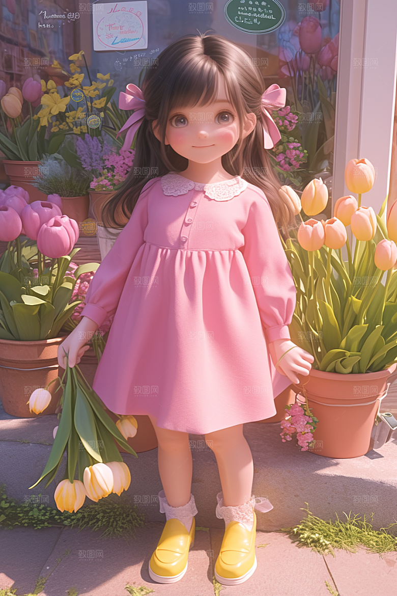 手捧鲜花的少女3D花朵素材