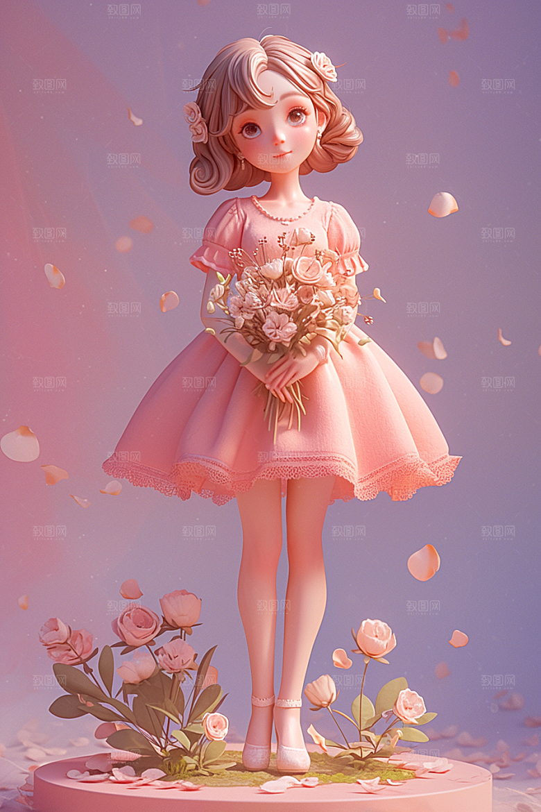 手捧鲜花的少女模型唯美素材