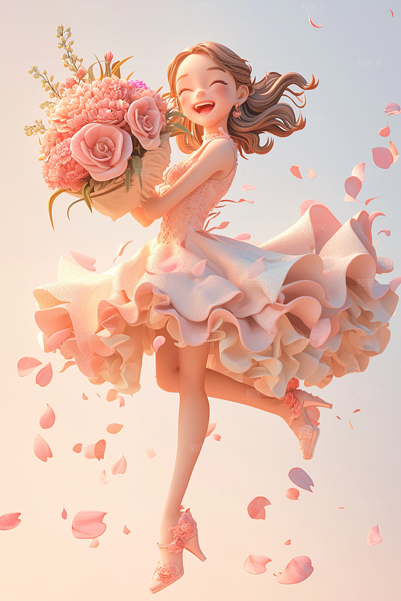 手捧鲜花的少女3D烂漫素材