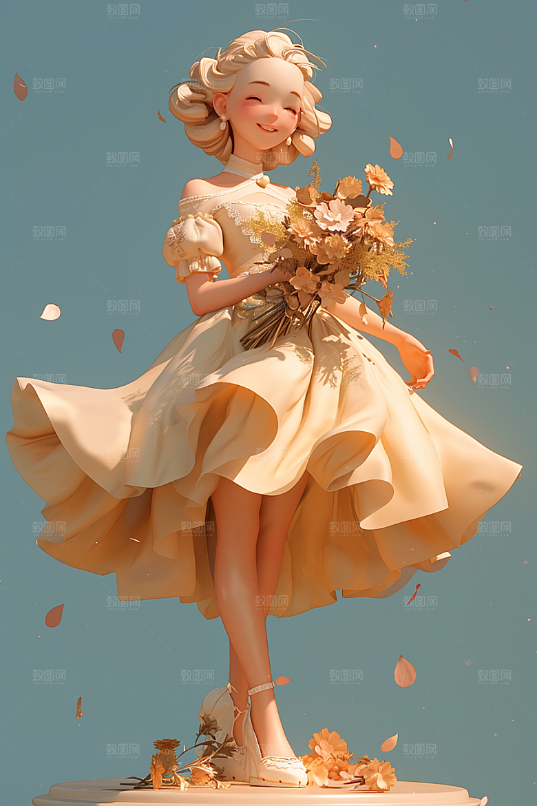 手捧鲜花的少女烂漫梦幻素材