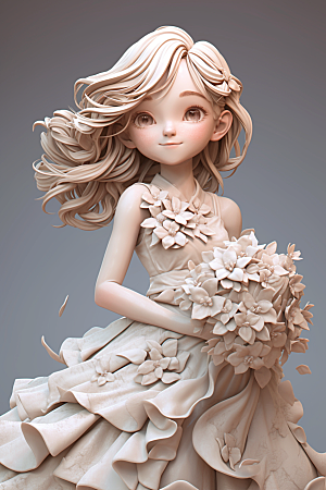 手捧鲜花的少女3D清新素材