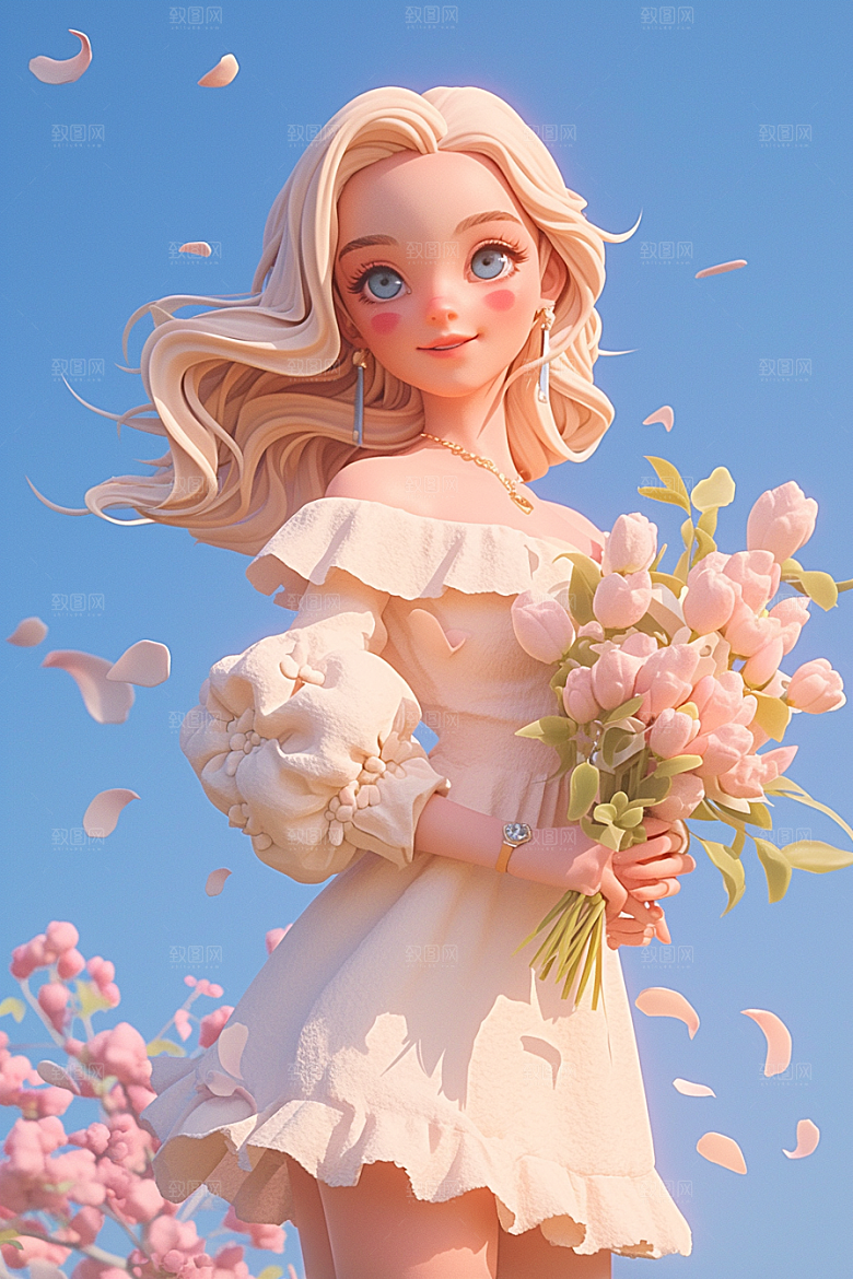 手捧鲜花的少女3D烂漫素材