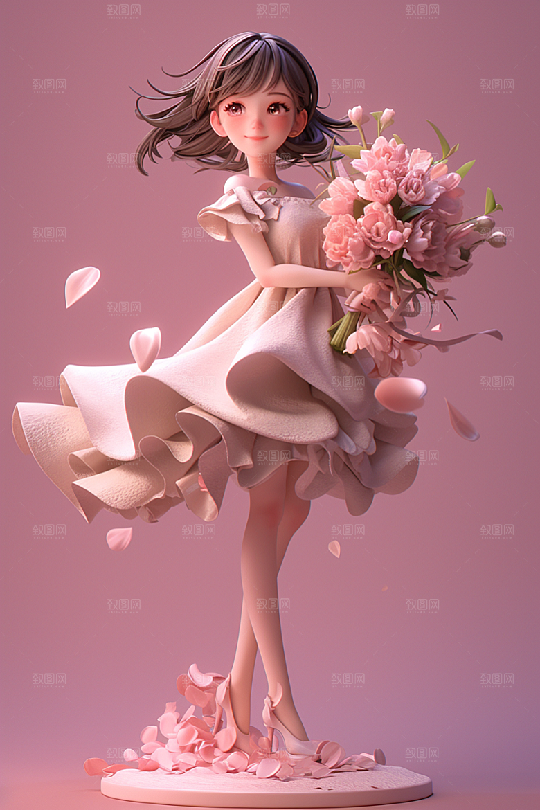 手捧鲜花的少女青春3D素材