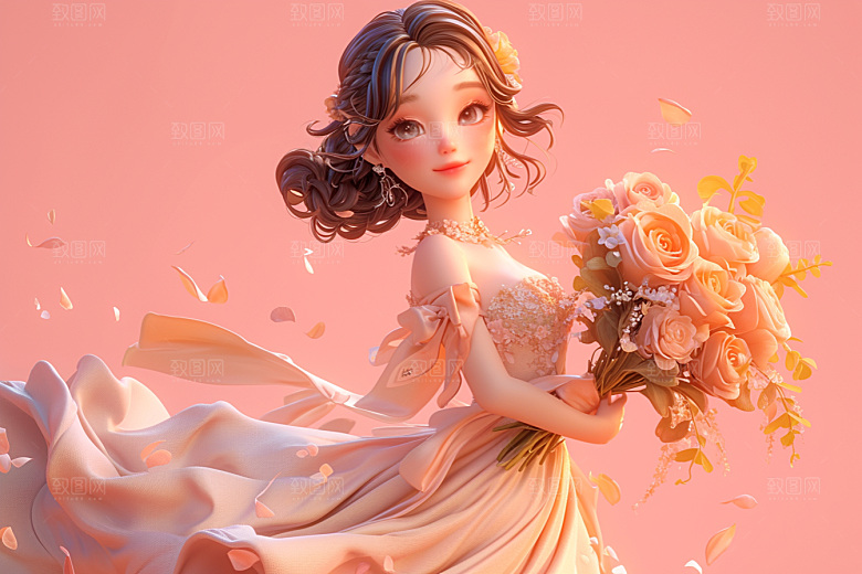 手捧鲜花的少女清新烂漫素材