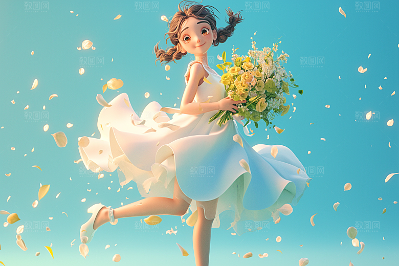 手捧鲜花的少女清新3D素材