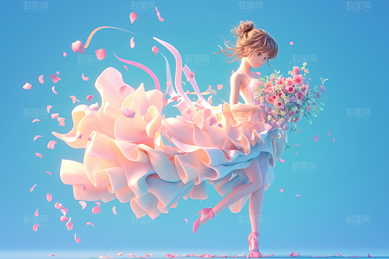 手捧鲜花的少女春天清新素材