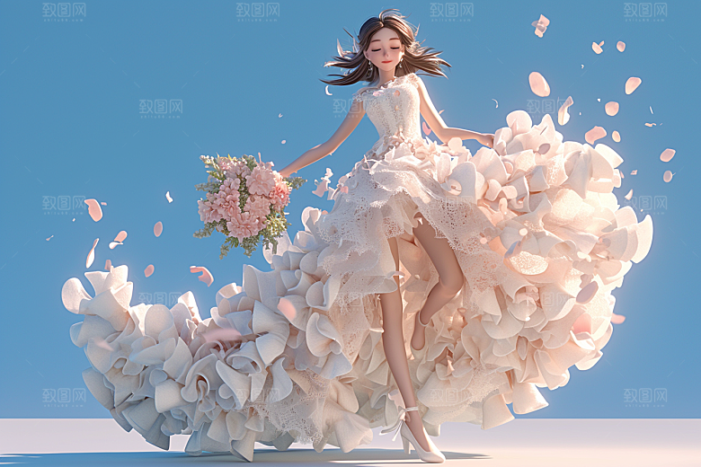 手捧鲜花的少女3D肖像素材