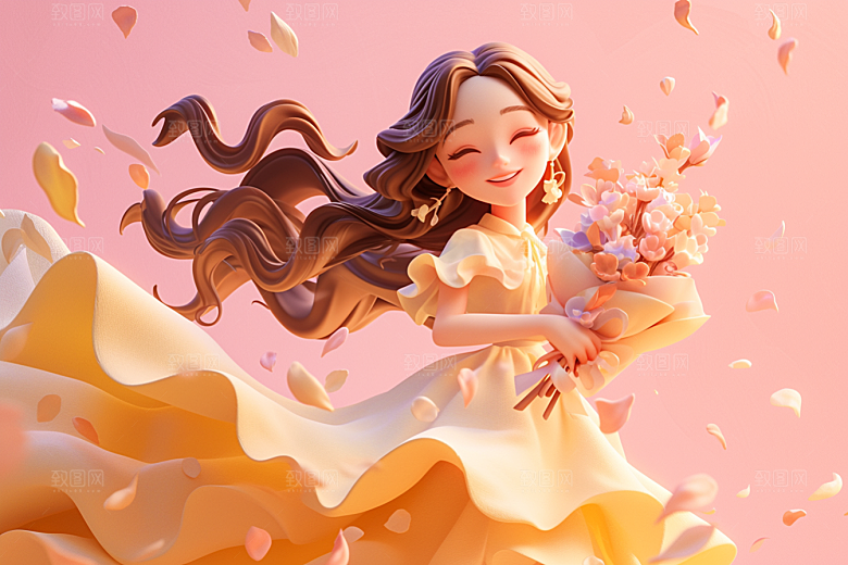 手捧鲜花的少女烂漫唯美素材