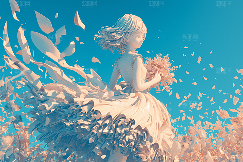 手捧鲜花的少女烂漫唯美素材