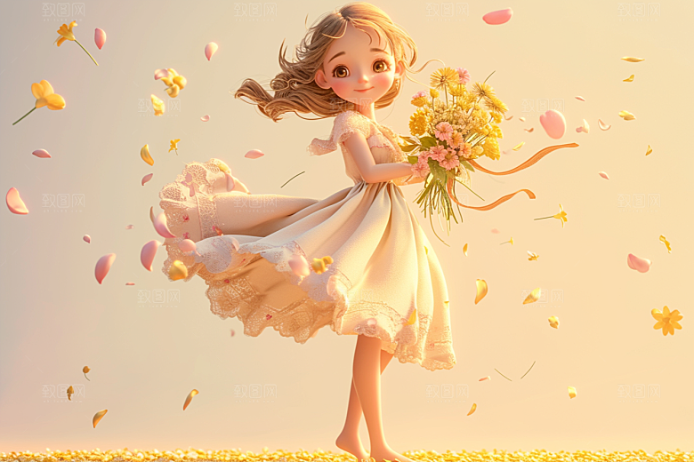 手捧鲜花的少女唯美青春素材