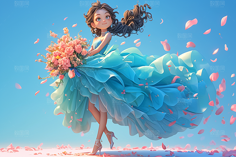 手捧鲜花的少女飞舞的裙摆3D素材