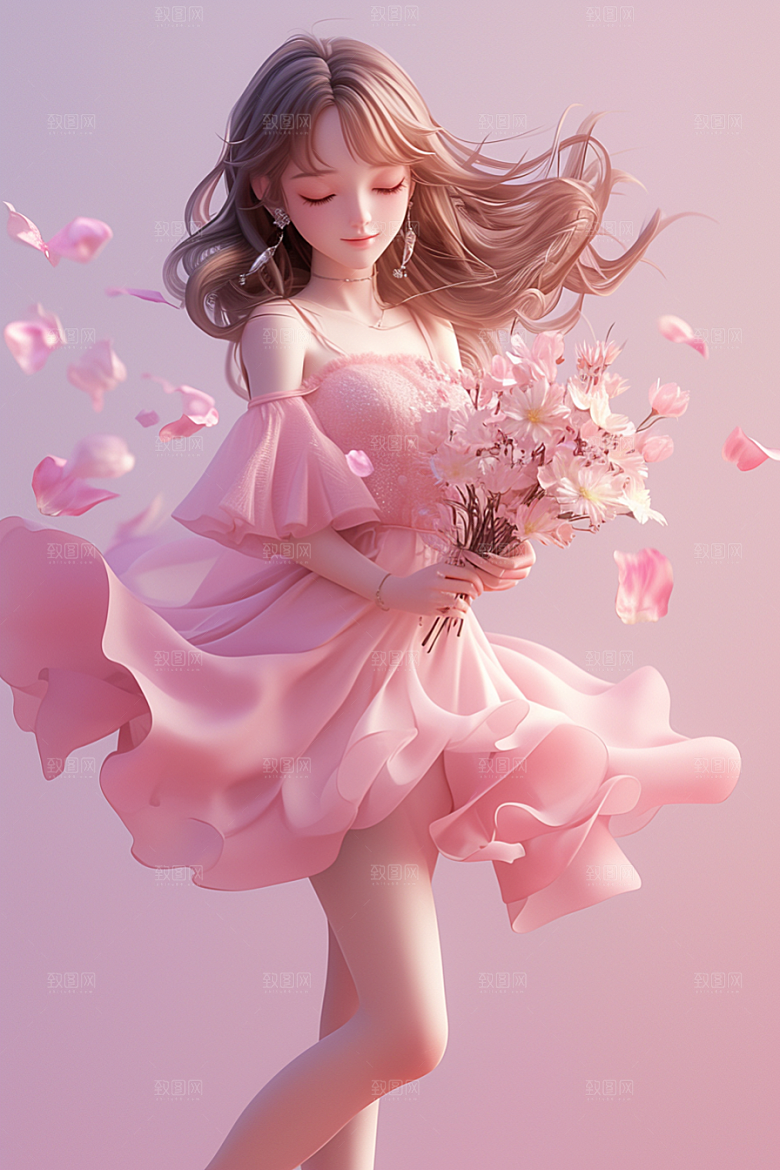 手捧鲜花的少女模型自然素材