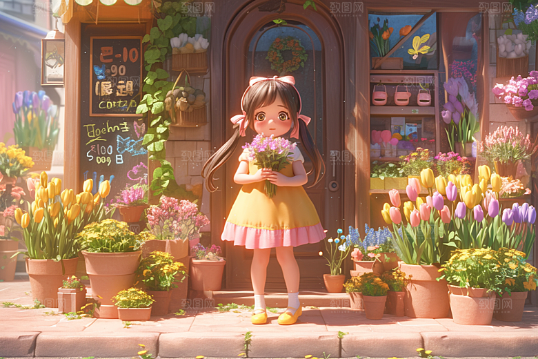手捧鲜花的少女3D春天素材