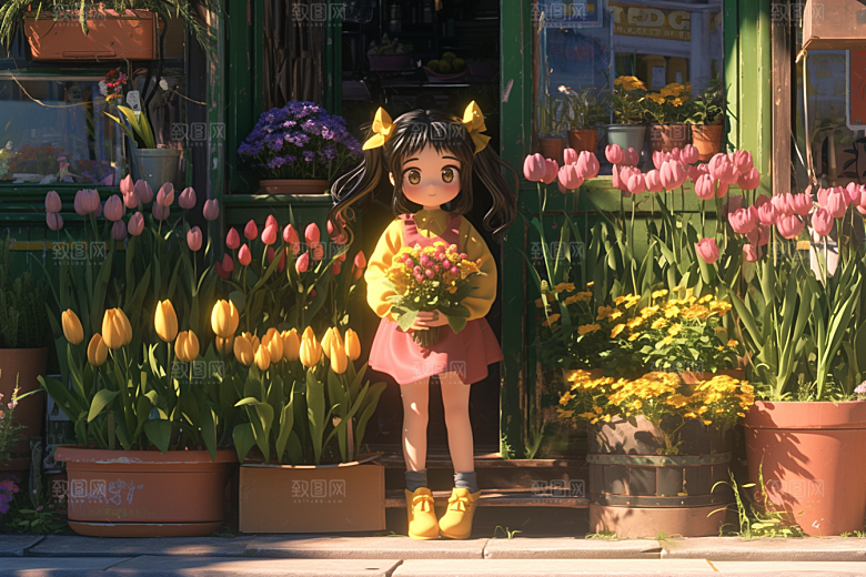 手捧鲜花的少女唯美花朵素材