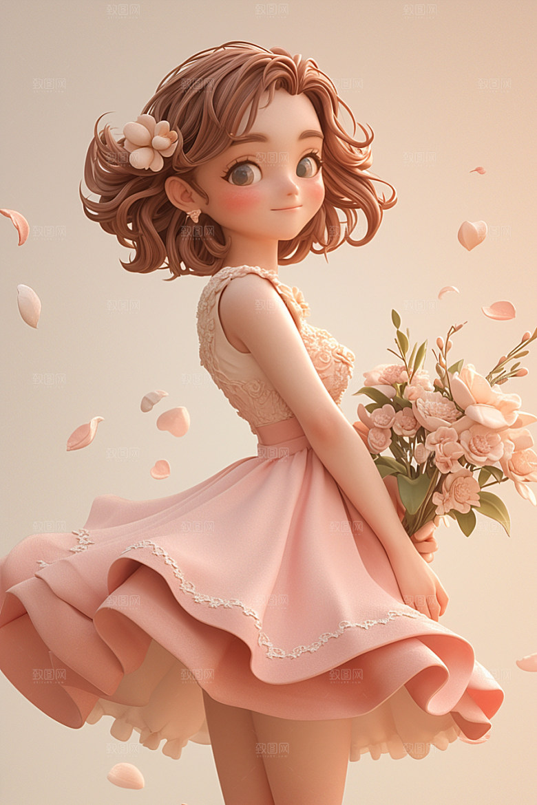 手捧鲜花的少女3D自然素材