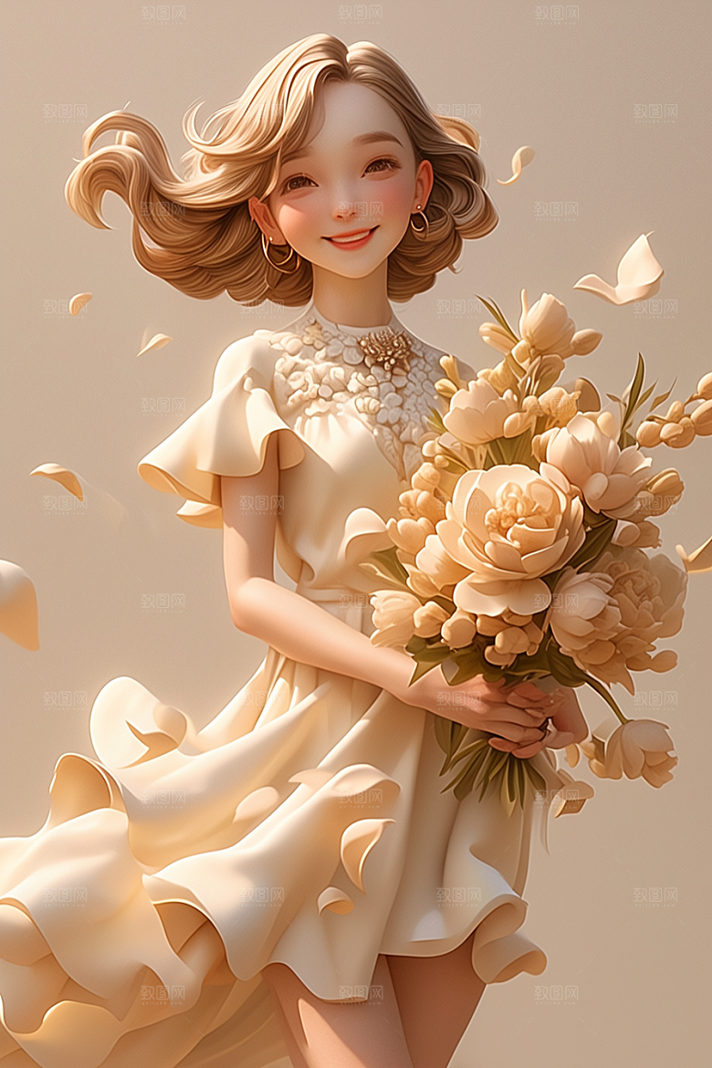 手捧鲜花的少女烂漫模型素材