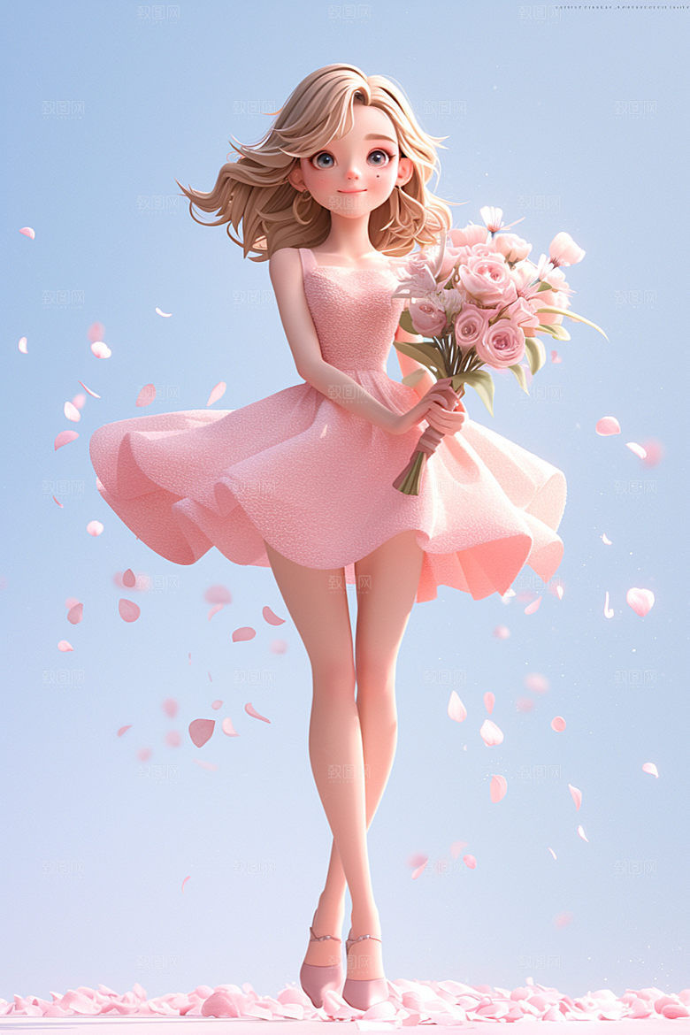 手捧鲜花的少女立体春天素材