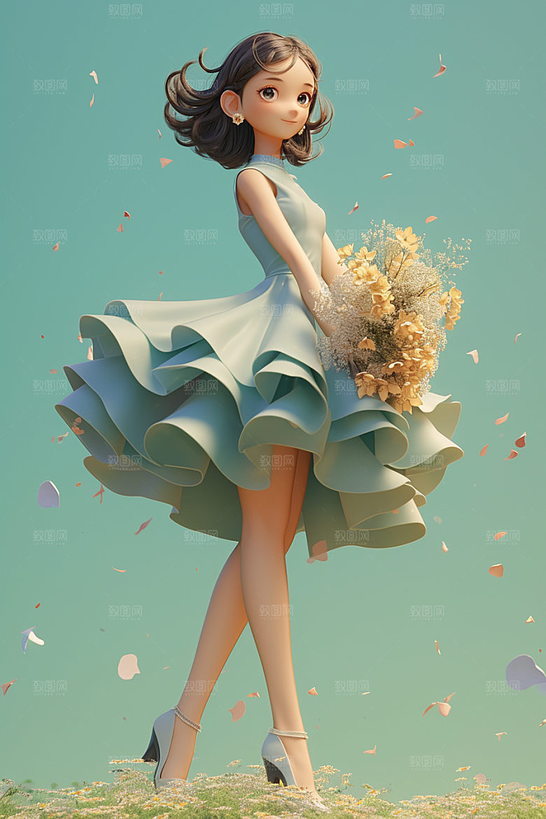 手捧鲜花的少女唯美春天素材