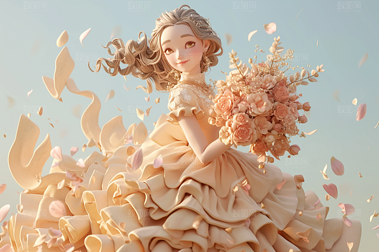 手捧鲜花的少女清新唯美素材