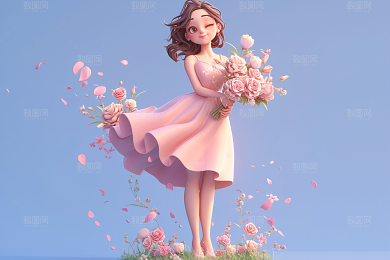手捧鲜花的少女模型青春素材