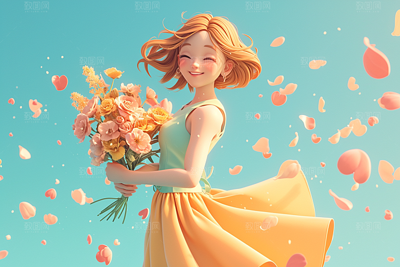 手捧鲜花的少女青春自然素材