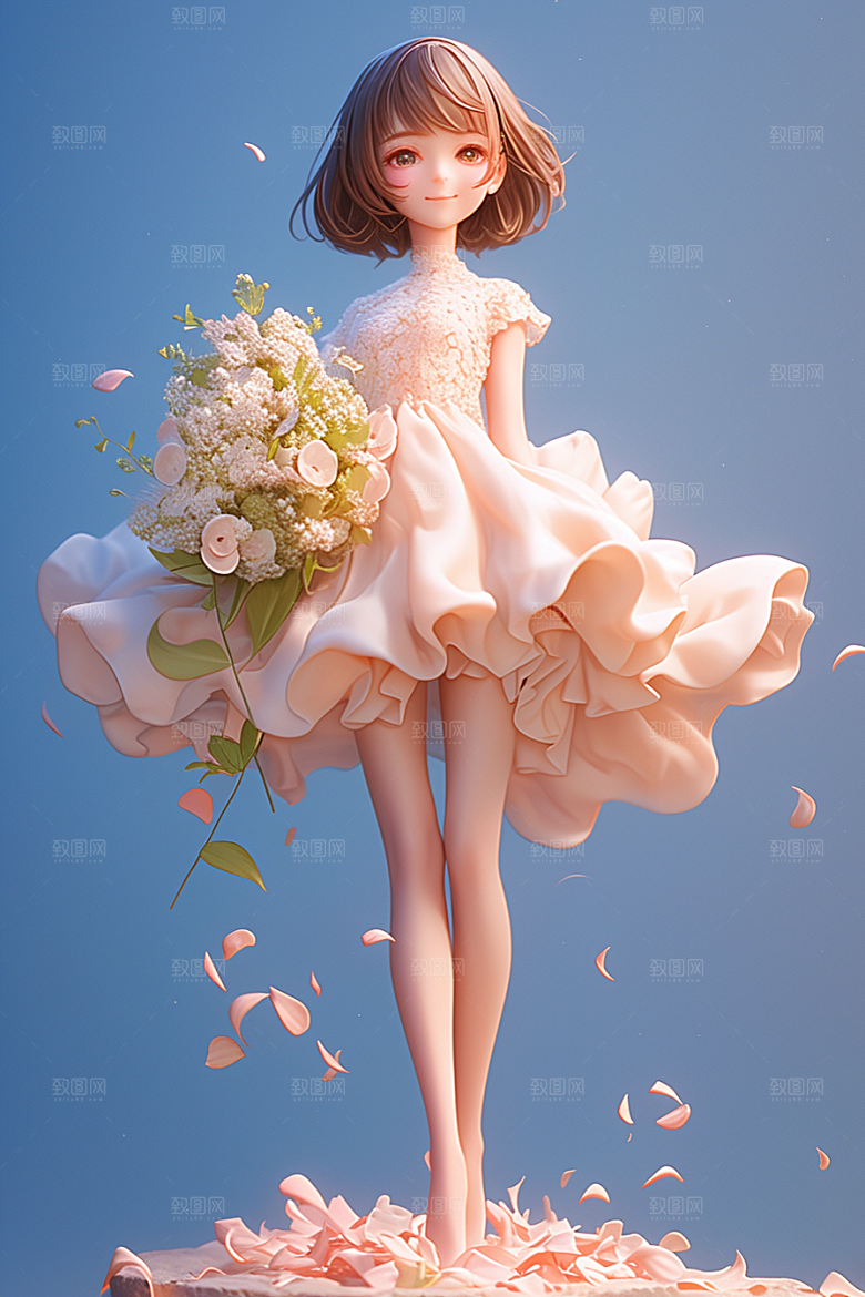 手捧鲜花的少女立体花朵素材