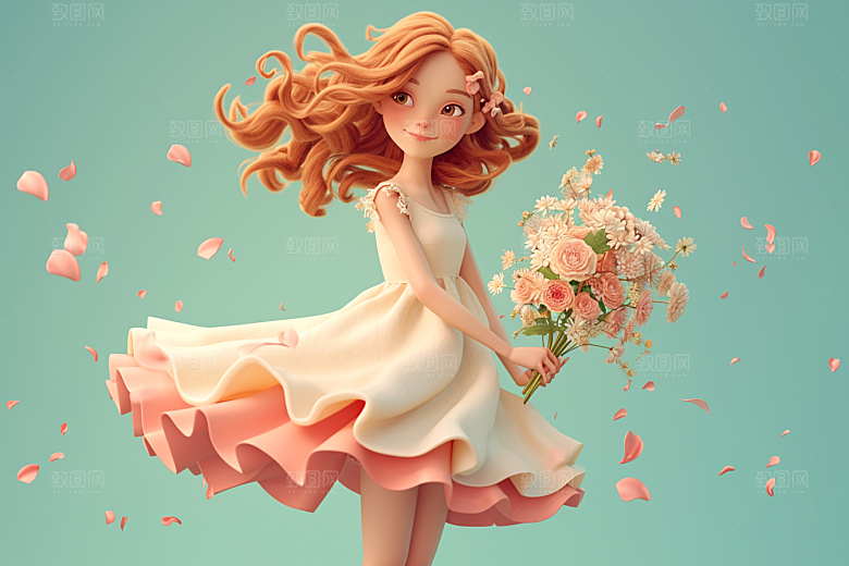 手捧鲜花的少女梦幻春天素材