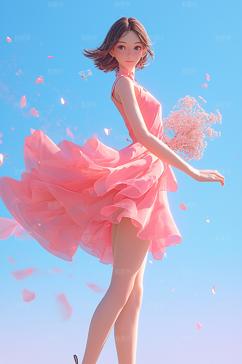 手捧鲜花的少女模型青春素材