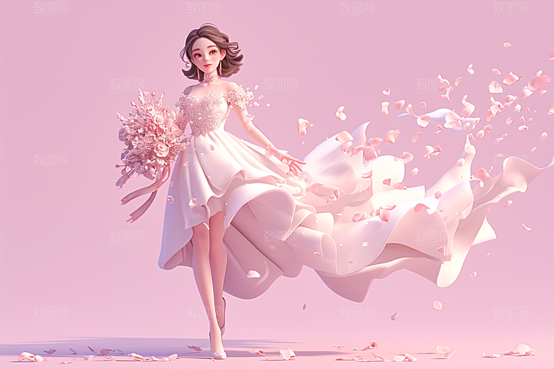 手捧鲜花的少女烂漫立体素材