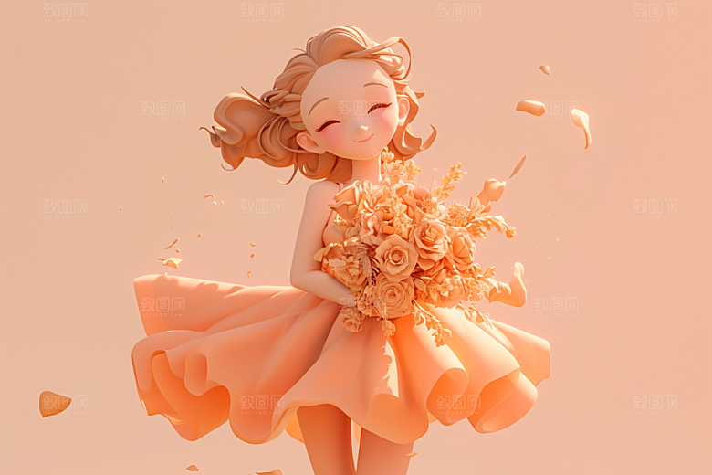 手捧鲜花的少女3D清新素材