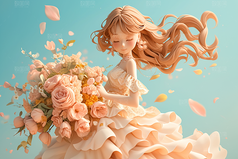 手捧鲜花的少女人物自然素材