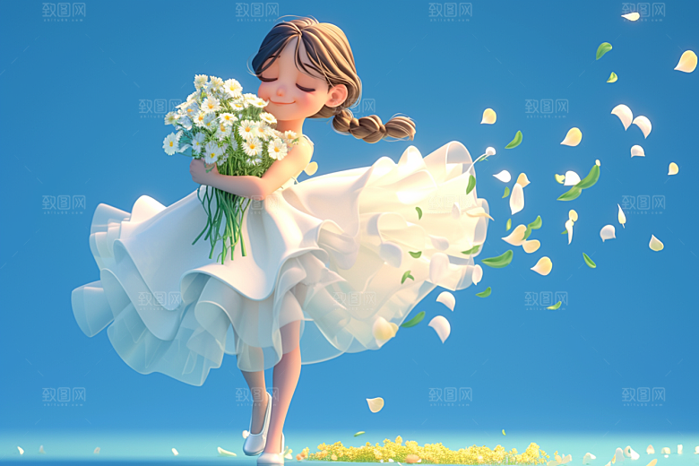 手捧鲜花的少女人物青春素材