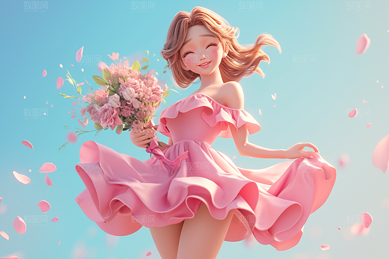 手捧鲜花的少女肖像3D素材