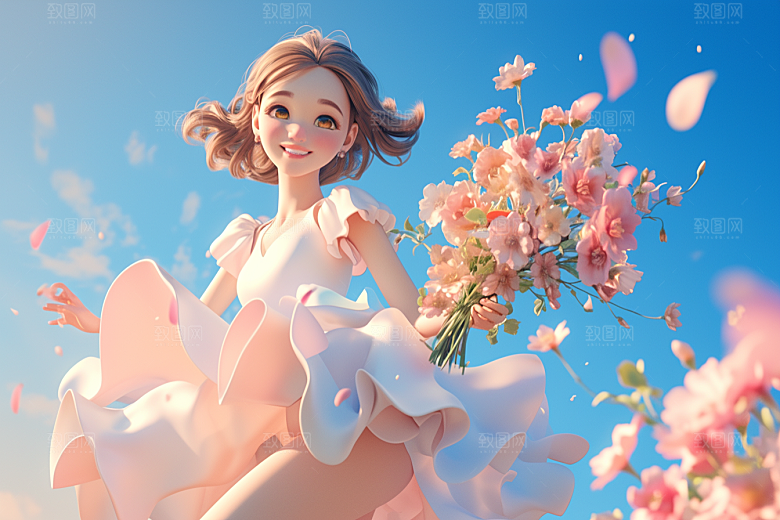 手捧鲜花的少女3D人物素材