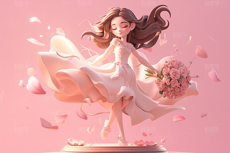 手捧鲜花的少女3D飞舞的裙摆素材