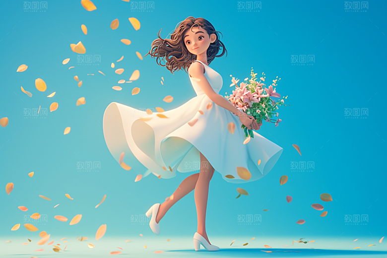 手捧鲜花的少女青春烂漫素材